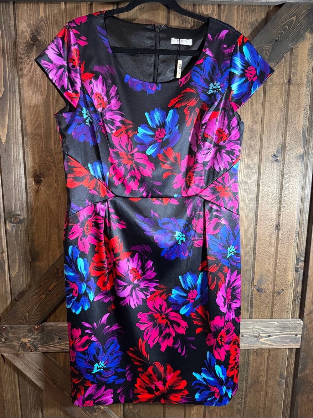 Black Midi Sheath Dress with Vibrant Pink & Blue Floral Print